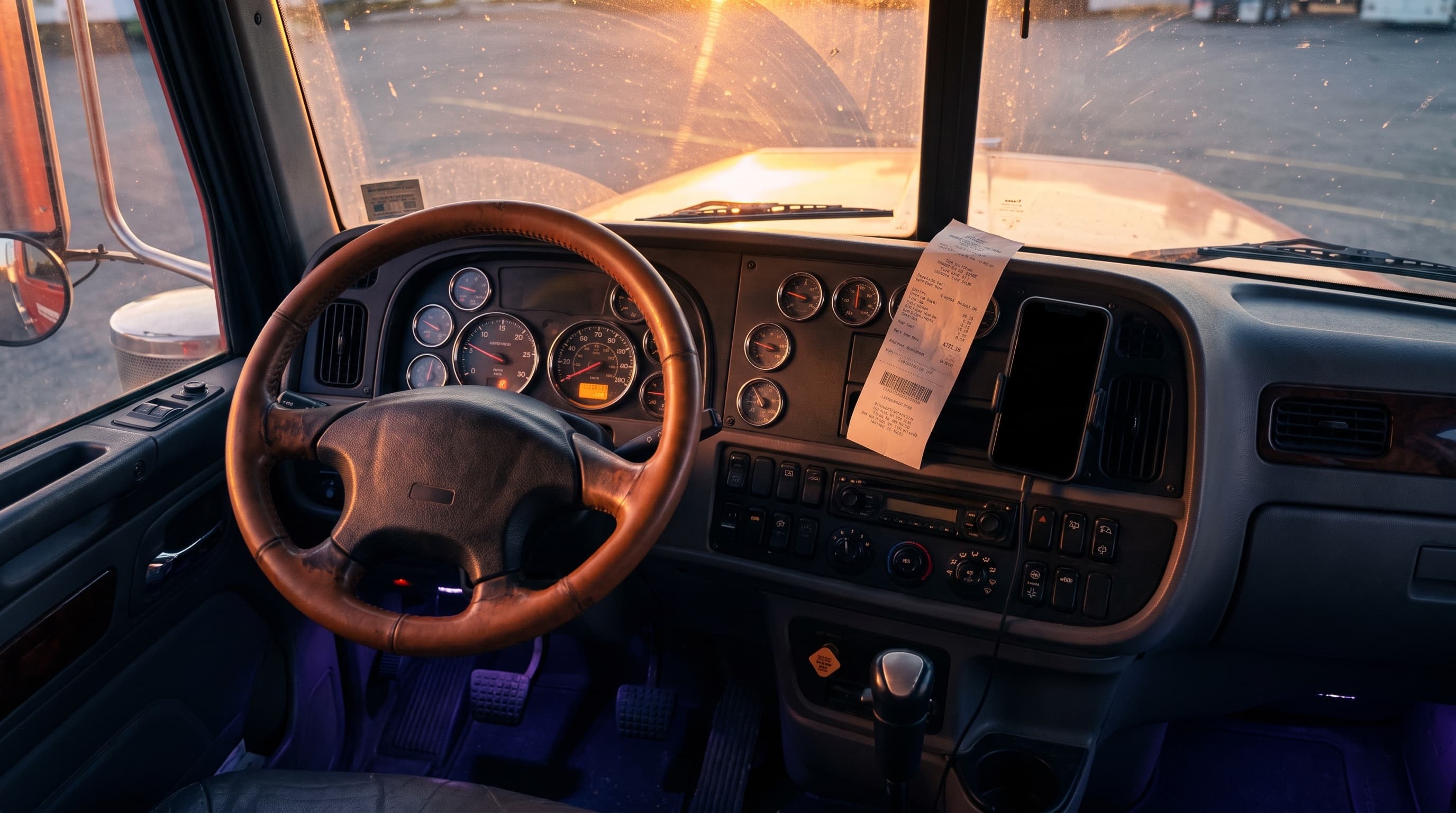 Inside a parked semi-truck cab at sunset, engine off, dashboard gauges lit